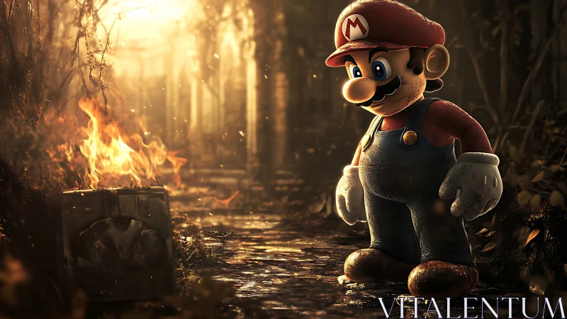 Mario stands in moody forest path beside burning crate.