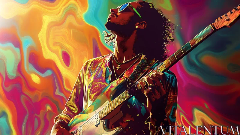 Electric guitarist in saturated multicolor abstract setting.