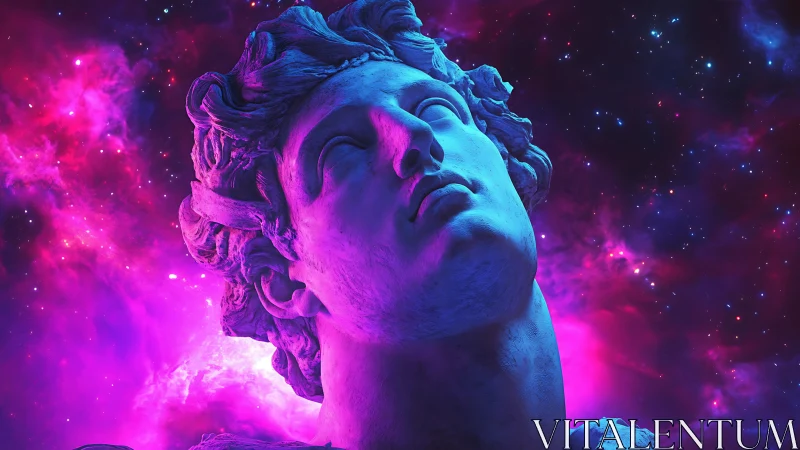 Classical stone head rendered against luminous nebula field