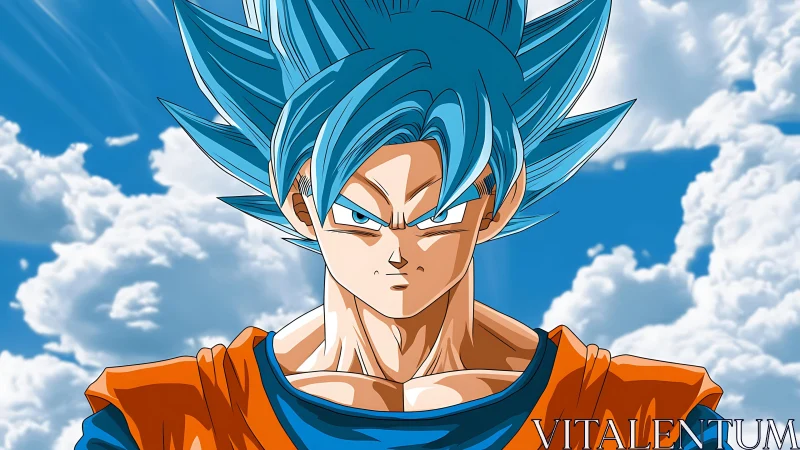 Blue-haired anime warrior under radiant clouded sky.