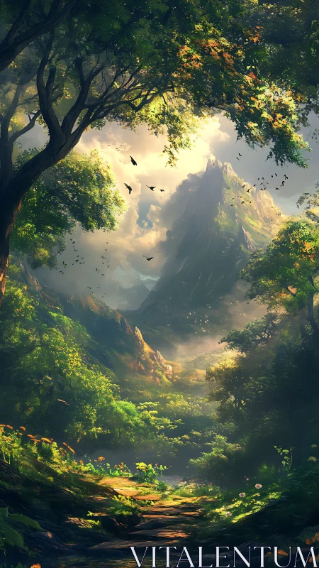 Atmospheric perspective through ancient forest canopy reveals misty mountain valley landscape