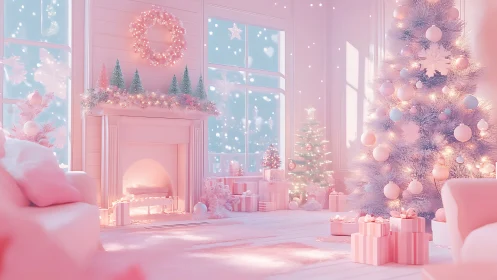 Pastel Christmas interior renders soft volumetric lighting and bokeh