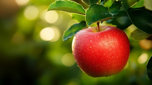 Macro study of dew-laden red apple under diffuse orchard light.