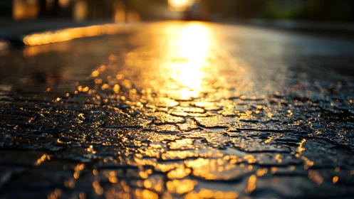Golden sunset reflection across glistening wet pavement.