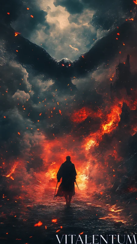 Lone figure advances through volcanic inferno beneath colossal winged demon