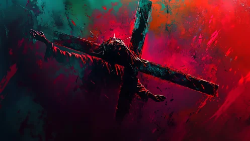 Cruciform silhouette burns through stormy teal and crimson night