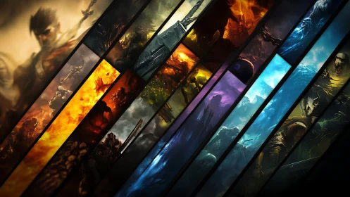 Diagonal fantasy battle panels slice across fiery and icy void