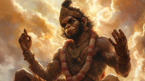 Powerful monkey deity figure seated amid glowing clouds.