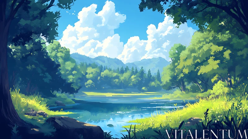 Sunlit Forest Valley with Emerald Waters and Mountain Vista.