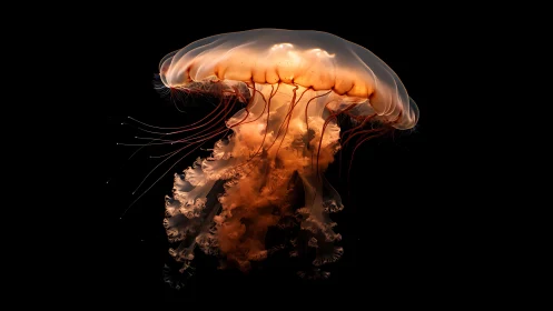Luminous jellyfish drifts through dark water in glowing silence