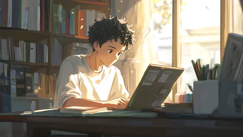Digital illustration shows student working at laptop in study