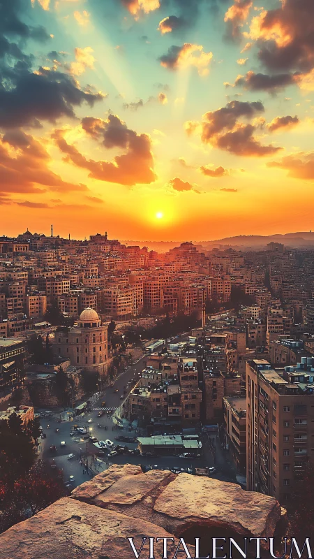 Sunset-illuminated hillside cityscape with dense midrise blocks