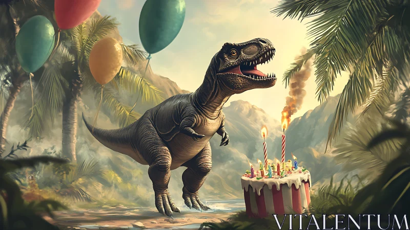T-Rex dinosaur celebrates birthday with cake and balloons in prehistoric jungle landscape.