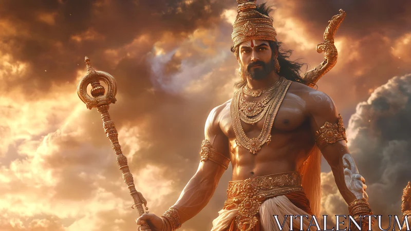 Mythic warrior deity in ornate golden armor at sunset.