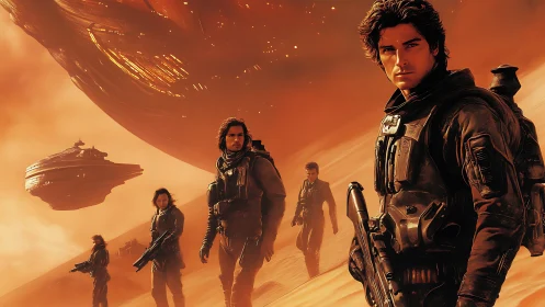 Armored soldiers walk across orange desert under hovering ships