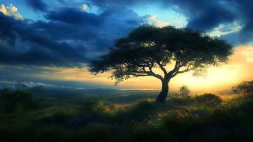 Lone acacia tree silhouette at atmospheric sunrise over valley