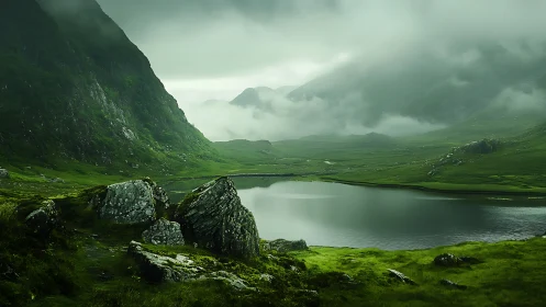 Mist-kissed emerald valley wrapped around a still lake.