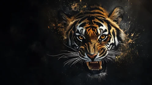 Roaring tiger portrait dissolves into abstract particle bursts