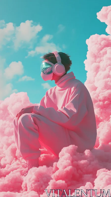 Dreamy future daydreamer resting in neon cotton clouds.