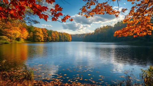 Golden autumn trees embracing a calm reflective lake.