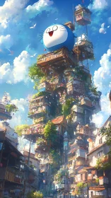 Vertical sky village with stacked houses and giant blue mascot