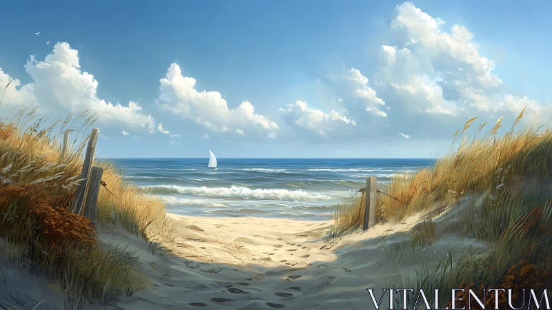 Coastal sand dunes frame sailboat on sunlit blue horizon.