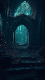 Ruined stone corridor with pointed arches and foliage.