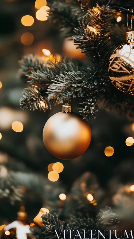 Defocused golden baubles on evergreen boughs with bokeh illumination.