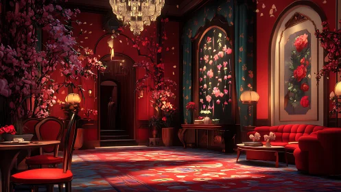 Luxurious red salon with floral décor and cinematic volumetric lighting