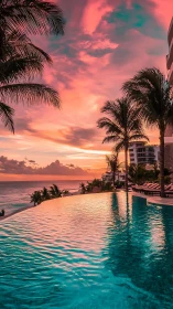 Infinity pool at tropical resort under vivid sunset sky.