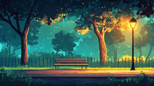 Sunset lamplight quietly crowns the lonely park bench