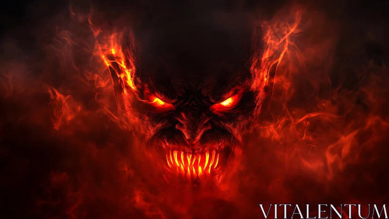 Volumetric infernal visage emerging from turbulent flamefield.