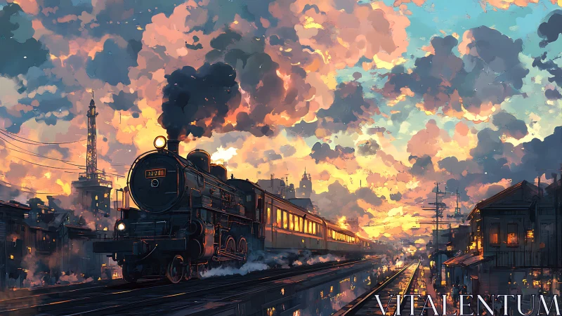 Steam locomotive moves through urban rail yard at dusk