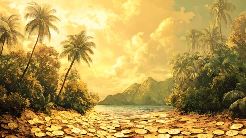Golden Coins Blanket Tropical Beach Cove at Sunset.