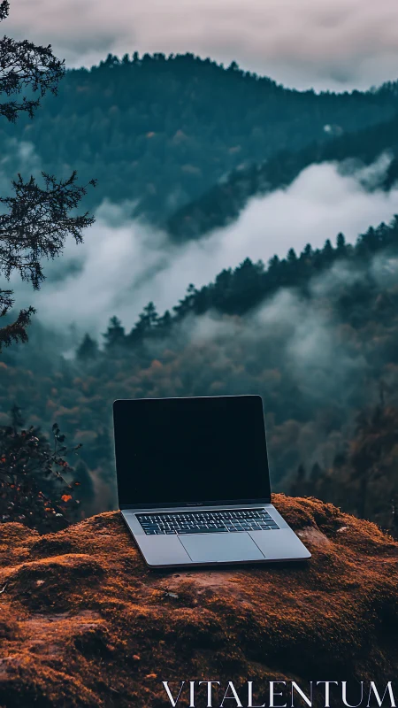 Laptop rests on mossy cliff above misty forested mountains