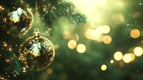 Golden Christmas ornaments with glowing holiday bokeh background.