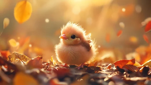 Fluffy Chick Amid Autumn Foliage with Warm Bokeh Lighting Effects