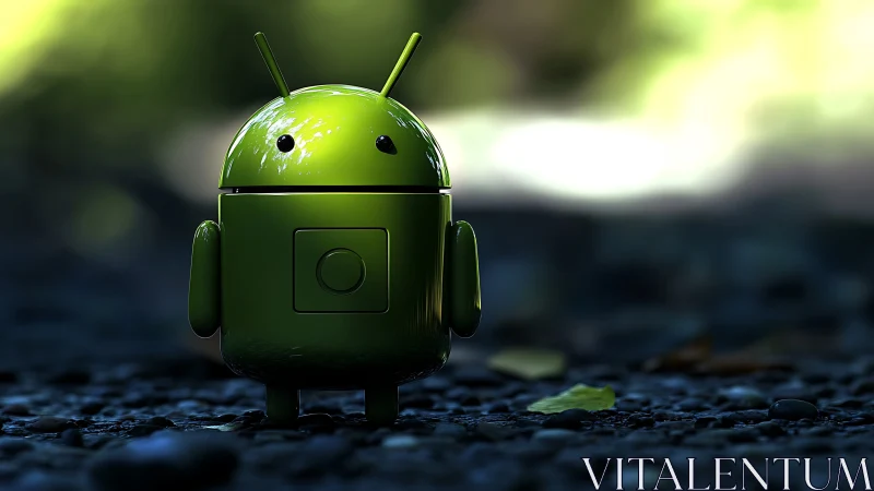 Glossy green android figurine on defocused gravel background.