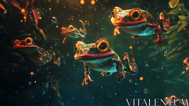 Bioluminescent tropical frogs suspended in cinematic aquatic depth