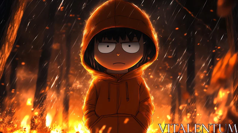Stoic hooded child stands amid rain-swept forest inferno