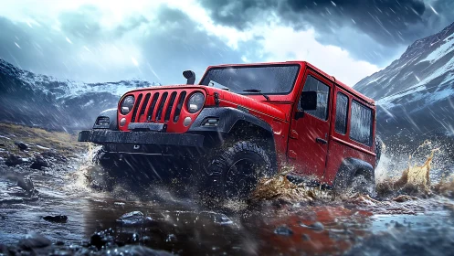 Red storm-runner jeep shredding a wild mountain downpour.