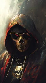 Hooded skull figure in red jacket with dark sunglasses.