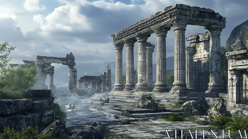 Hyperrealistic Greco-Roman temple ruins in misty mountain valley