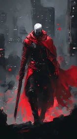 Lone white haired warrior wrapped in a storm of crimson light.