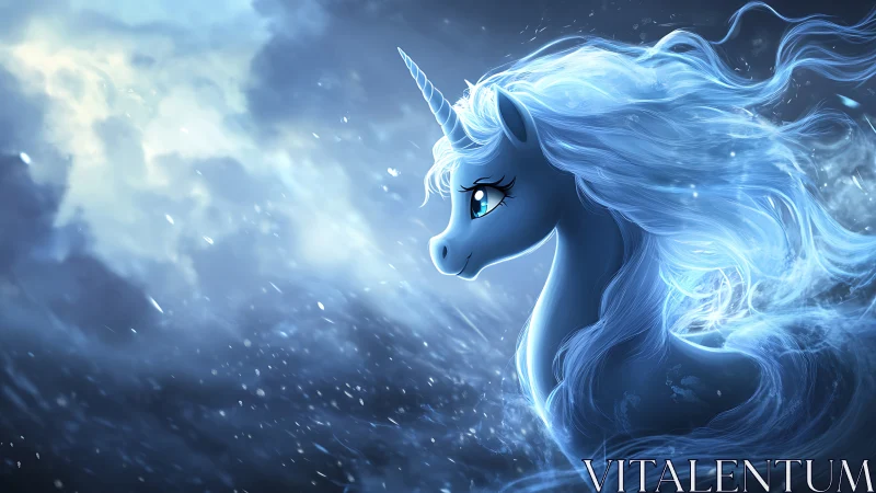 Luminous ice-blue unicorn portrait with flowing spectral mane.