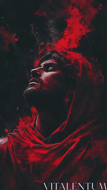 Man in red hood with rising smoke and dramatic shadows.