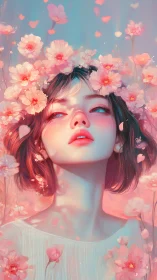 Floral portrait of young woman in pastel sakura bloom.