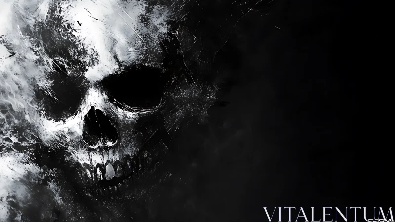 Skull emerges from abstract darkness in high-contrast monochrome