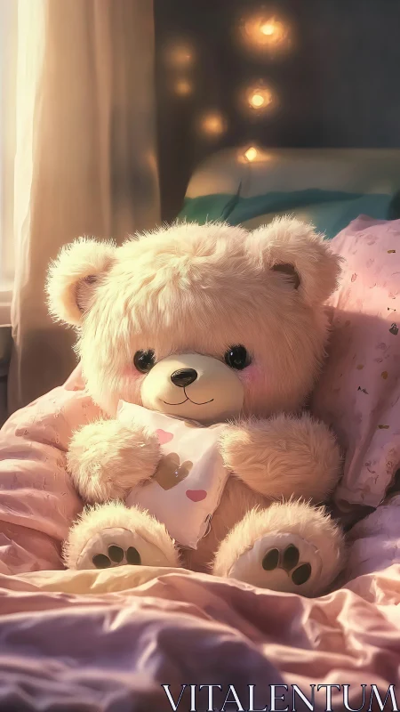Fluffy teddy bear rests in soft pink bedding at dusk