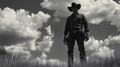 Silhouetted cowboy standing in field under clouded sky.